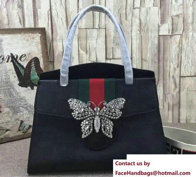 Gucci GucciTotem Web Medium Top Handle Bag 505342 Crystals Butterfly Black 2018 - Click Image to Close