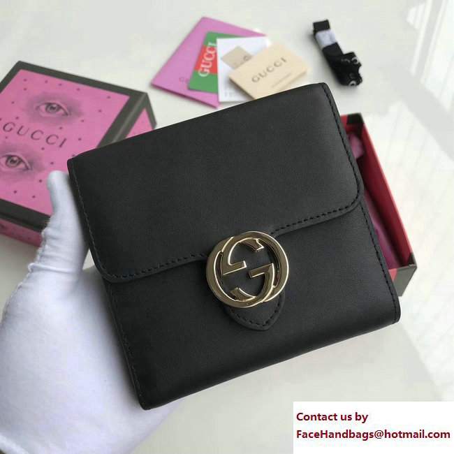 Gucci Interlocking G Icon Leather French Flap Small Wallet 369676 Black - Click Image to Close
