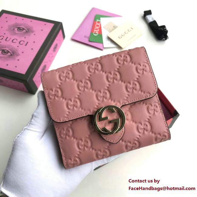 Gucci Interlocking G Icon Leather French Flap Small Wallet 369676 Signature Pink