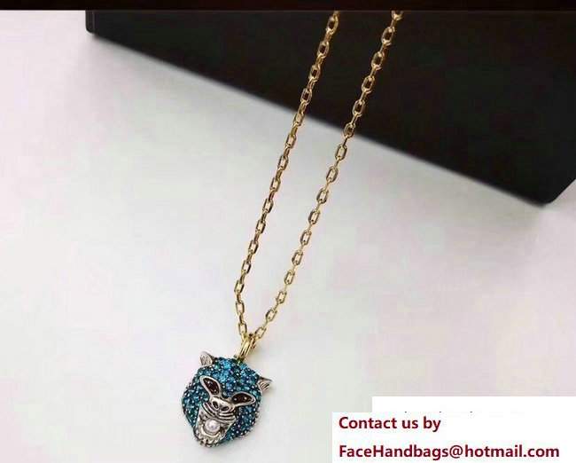 Gucci Le Marche des Merveilles Feline Head Necklace 459192 Blue - Click Image to Close