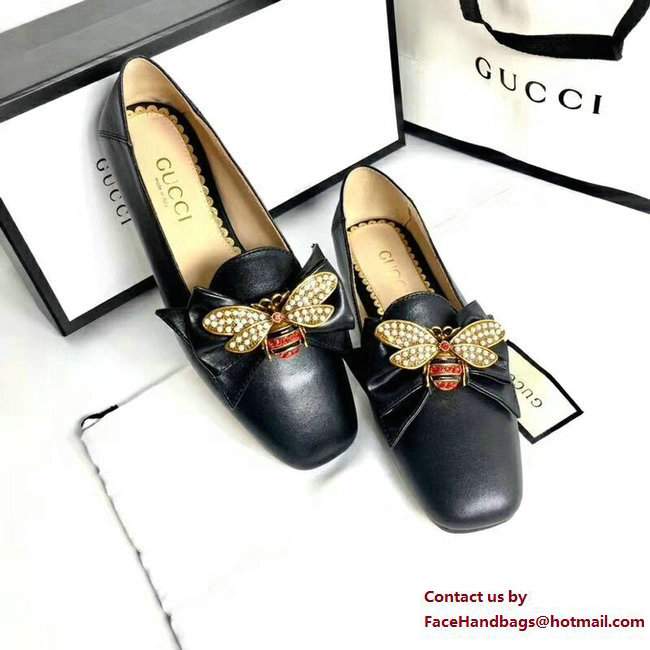 Gucci Leather Ballet Flats With Metal Bee Bow 505291 Black 2017 - Click Image to Close