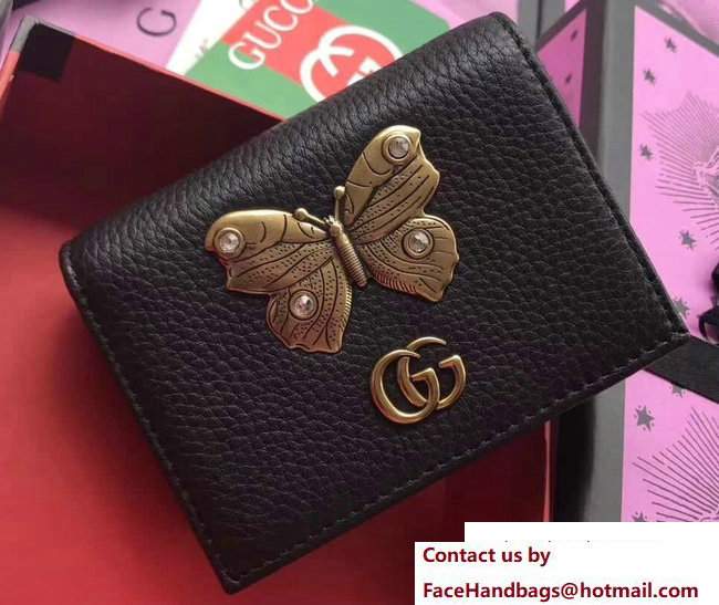 Gucci Leather Card Case With Butterfly 499361 Black 2018 - Click Image to Close