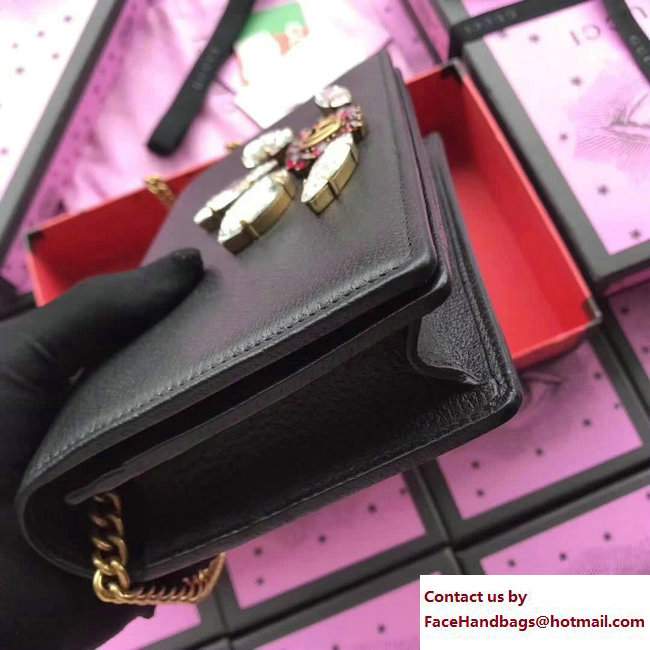 Gucci Leather Mini Chain Bag With Double G And Crystals 499782 Black 2018 - Click Image to Close