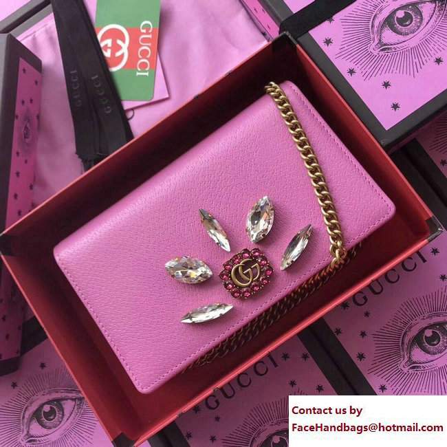 Gucci Leather Mini Chain Bag With Double G And Crystals 499782 Pink 2018 - Click Image to Close