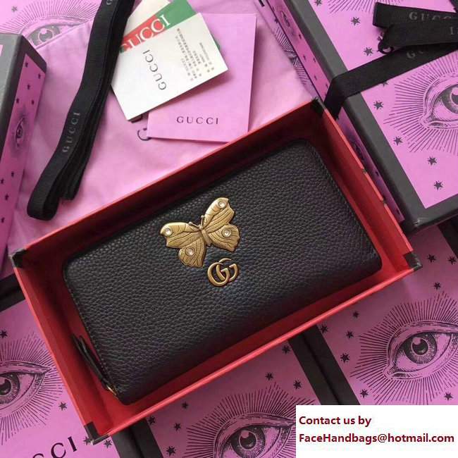 Gucci Leather Zip Around Wallet With Butterfly 499363 Black 2018 - Click Image to Close