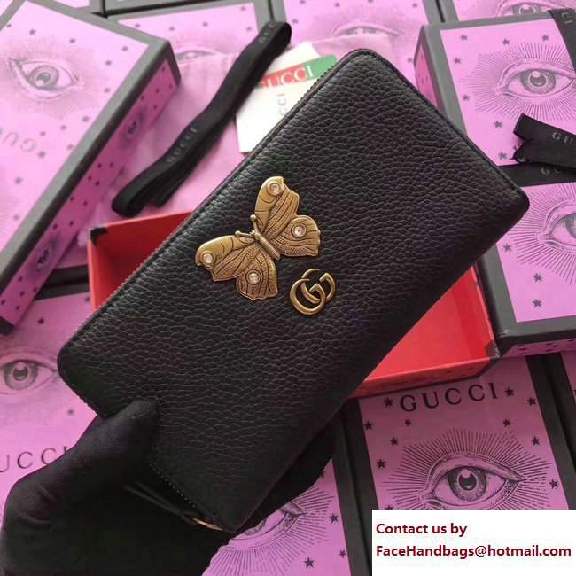 Gucci Leather Zip Around Wallet With Butterfly 499363 Black 2018 - Click Image to Close