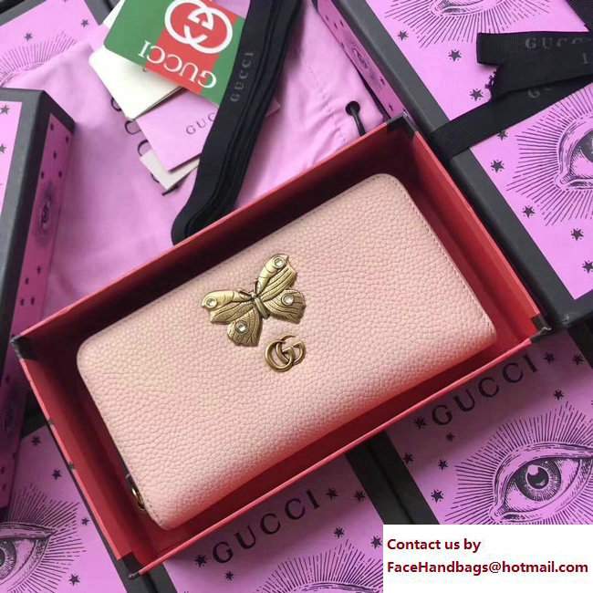 Gucci Leather Zip Around Wallet With Butterfly 499363 Light Pink 2018 - Click Image to Close
