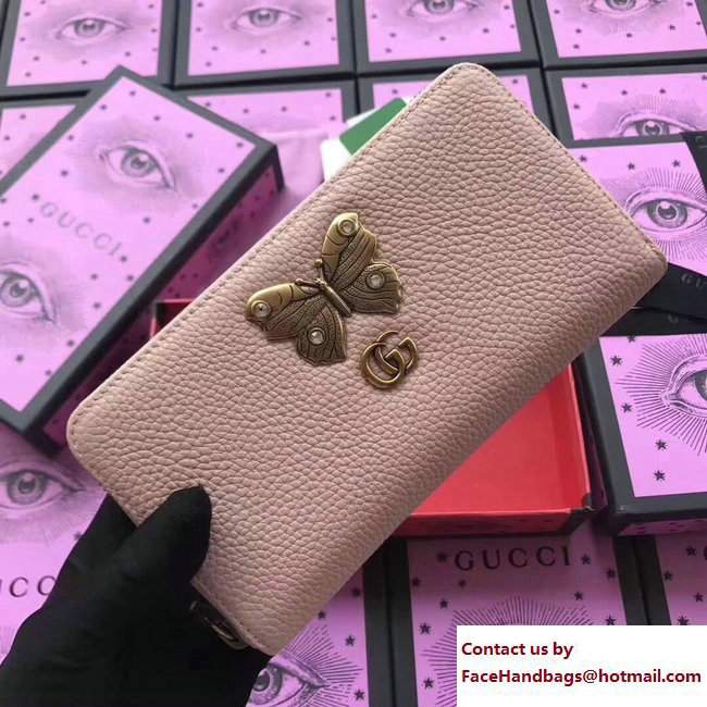 Gucci Leather Zip Around Wallet With Butterfly 499363 Light Pink 2018 - Click Image to Close