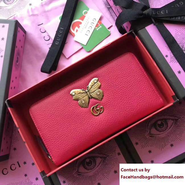 Gucci Leather Zip Around Wallet With Butterfly 499363 Red 2018