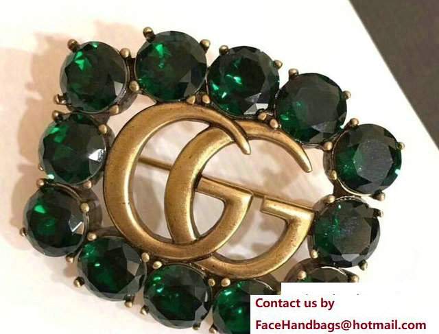 Gucci Metal Double G Brooch With Crystals 504857 Green - Click Image to Close