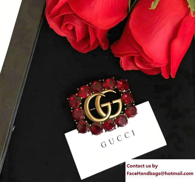 Gucci Metal Double G Brooch With Crystals 504857 Red - Click Image to Close