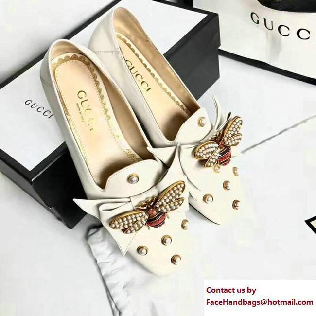 Gucci Pearl Studs Leather Ballet Flats With Metal Bee Bow 505293 White 2017 - Click Image to Close
