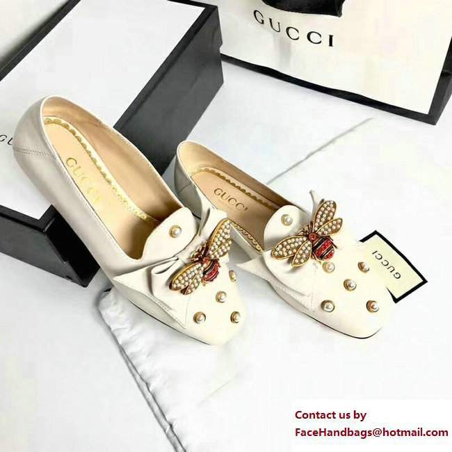 Gucci Pearl Studs Leather Ballet Flats With Metal Bee Bow 505293 White 2017 - Click Image to Close