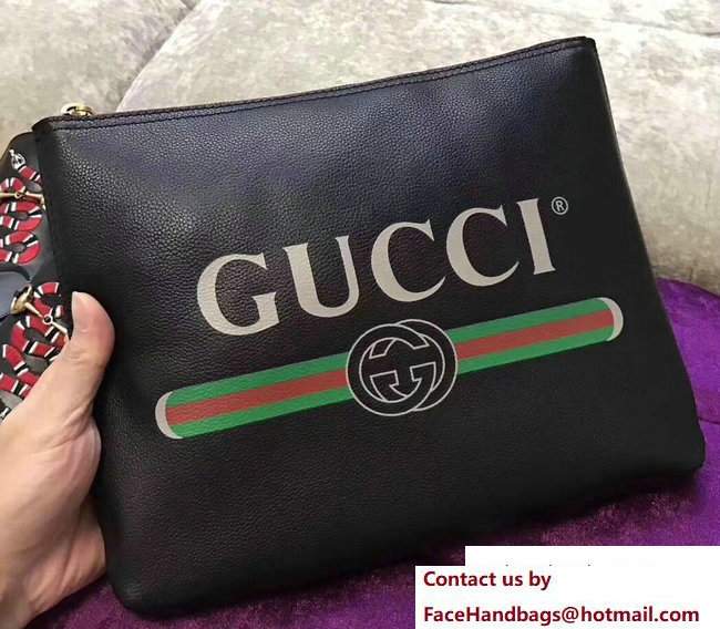 Gucci Print Leather Vintage Logo Medium Portfolio Pouch Clutch Bag 500981 Black 2017 - Click Image to Close