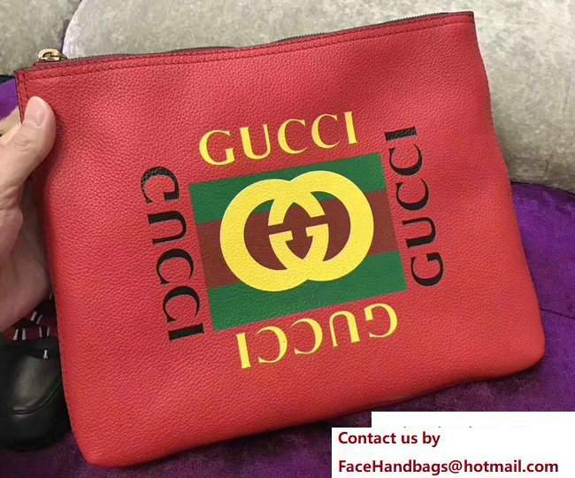 Gucci Print Leather Vintage Logo Medium Portfolio Pouch Clutch Bag 500981 Red 2017