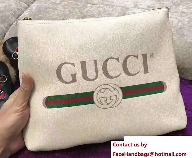 Gucci Print Leather Vintage Logo Medium Portfolio Pouch Clutch Bag 500981 White 2017 - Click Image to Close