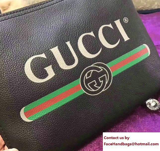 Gucci Print Leather Vintage Logo Small Portfolio Pouch Clutch Bag 495665 Black 2017 - Click Image to Close