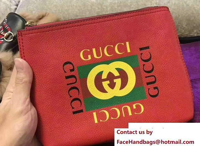 Gucci Print Leather Vintage Logo Small Portfolio Pouch Clutch Bag 495665 Red 2017 - Click Image to Close