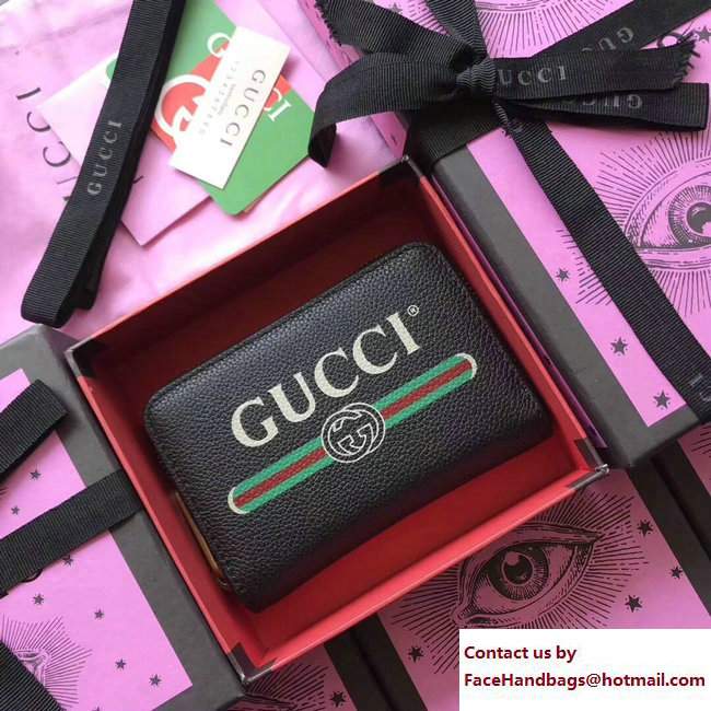 Gucci Print Leather Vintage Logo Zip Around Card Case 496319 Black 2017 - Click Image to Close