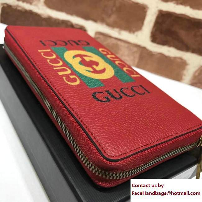 Gucci Print Leather Vintage Logo Zip Around Wallet 496317 Red 2017