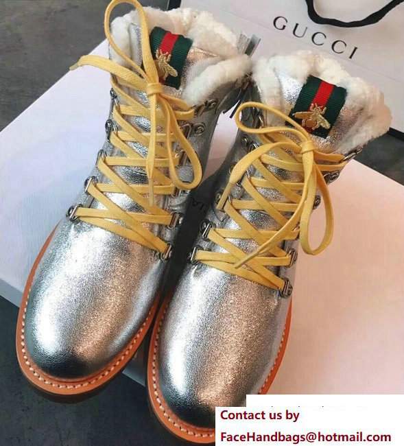 Gucci Shearling Web Bee Boots Silver 2017