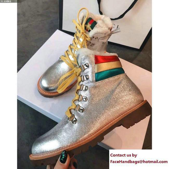 Gucci Shearling Web Bee Boots Silver 2017 - Click Image to Close