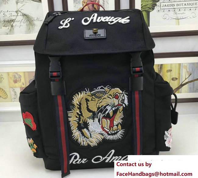 Gucci Techno Canvas Techpack Backpack Bag 429037 Embroidered Tiger And Flowers Black 2017 - Click Image to Close