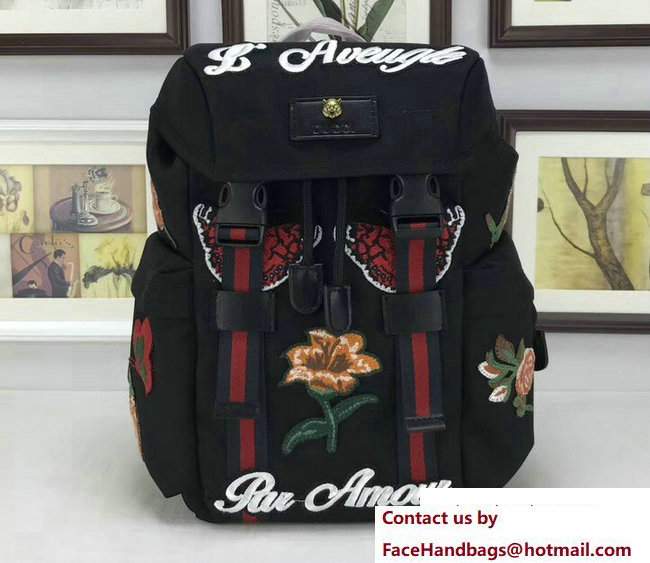 Gucci Techno Canvas Techpack Backpack Small Bag 478327 Embroidered Butterfly And Flowers Black 2017 - Click Image to Close