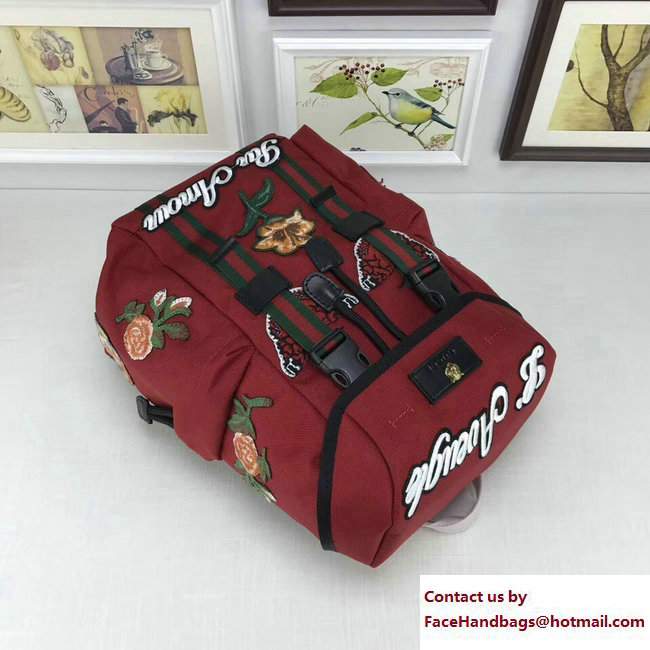 Gucci Techno Canvas Techpack Backpack Small Bag 478327 Embroidered Butterfly And Flowers Red 2017 - Click Image to Close