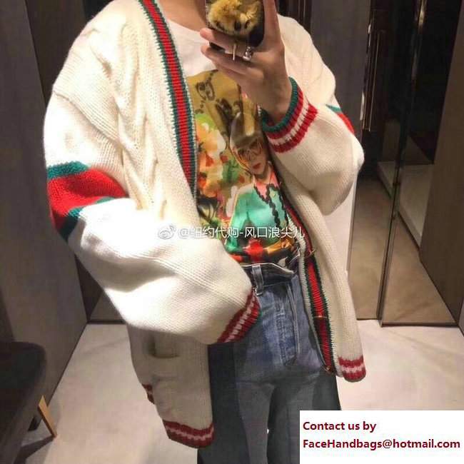 Gucci Web Cable Knit Wool Cardigan 497037 2018