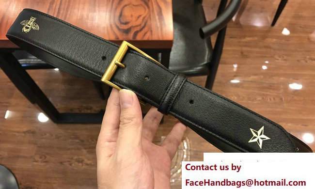 Gucci Width 38mm Bees and Stars Leather Belt 495125 Black with Gold Hardware 2018