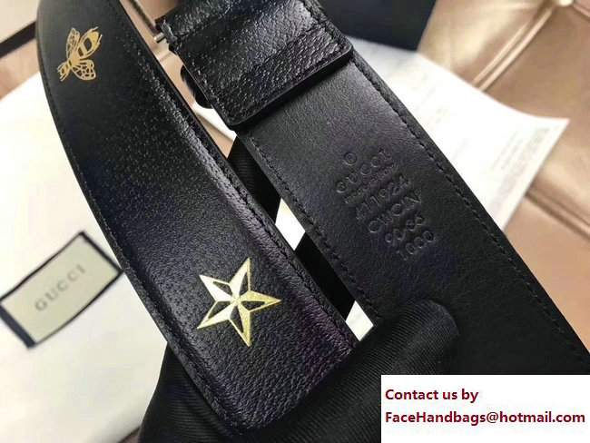 Gucci Width 38mm Bees and Stars Leather Belt 495125 Black with Silver Hardware 2018