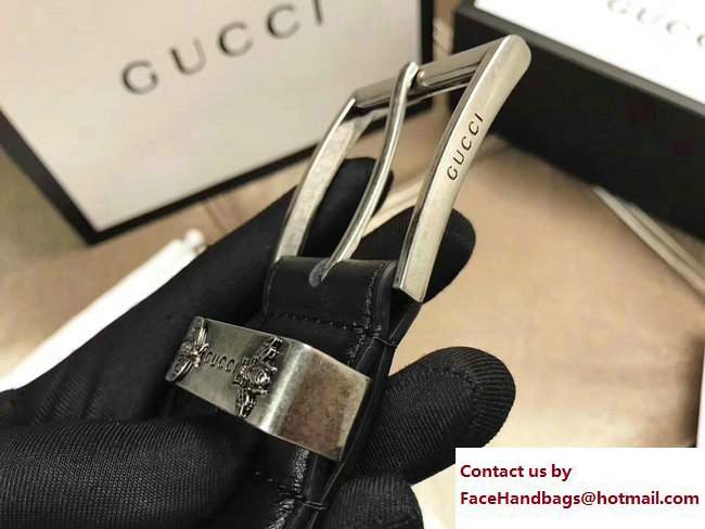 Gucci Width 38mm Leather Belt With Bees 495122 Black with Silver Hardware 2018