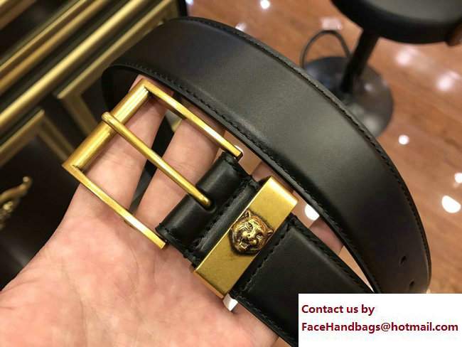 Gucci Width 38mm Leather Belt With Feline Head 495124 Black with Gold Hardware 2018