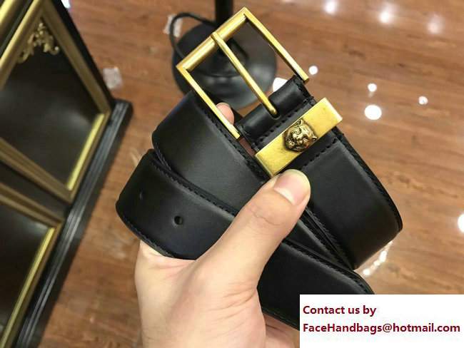 Gucci Width 38mm Leather Belt With Feline Head 495124 Black with Gold Hardware 2018