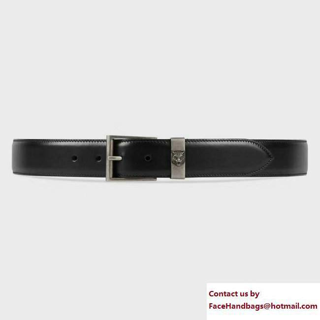 Gucci Width 38mm Leather Belt With Feline Head 495124 Black with Silver Hardware 2018