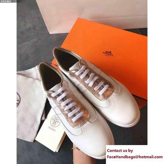 Hermes Calfskin Quicker Sneakers White/Gold 2018 - Click Image to Close