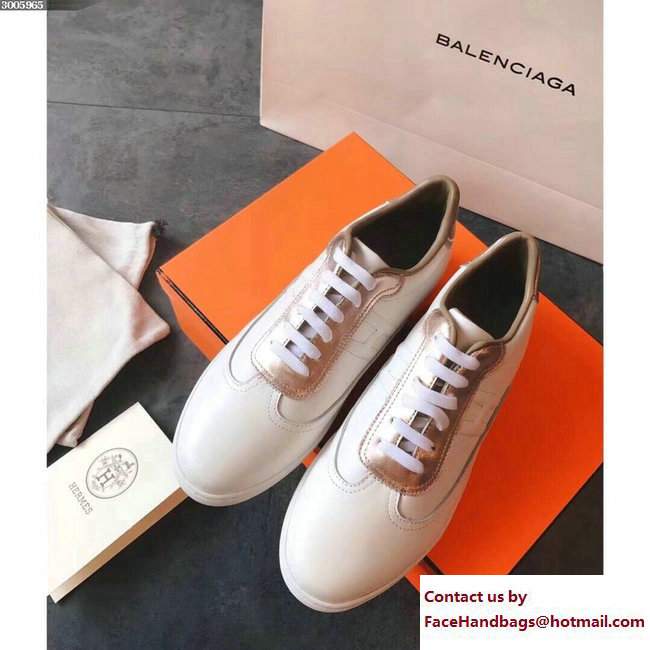 Hermes Calfskin Quicker Sneakers White/Gold 2018 - Click Image to Close