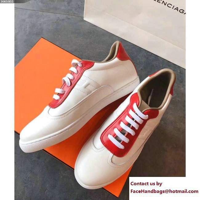 Hermes Calfskin Quicker Sneakers White/Red 2018 - Click Image to Close