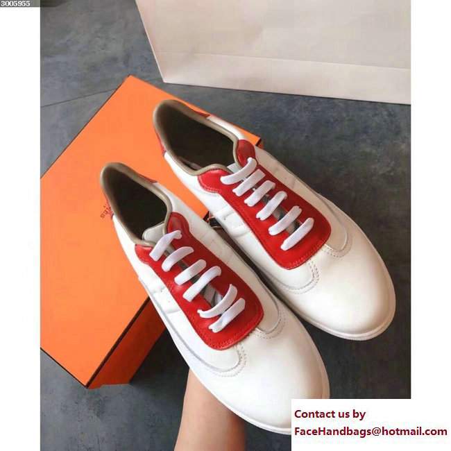 Hermes Calfskin Quicker Sneakers White/Red 2018 - Click Image to Close