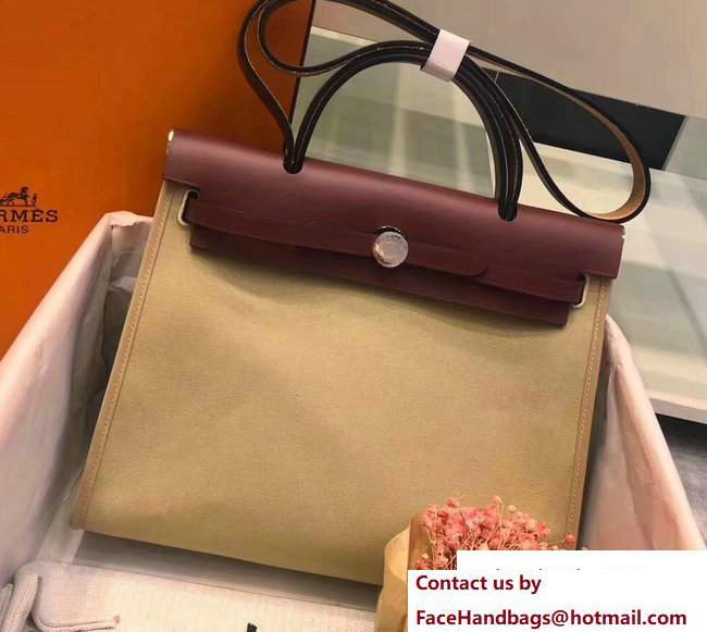 Hermes Canvas And Leather Herbag Zip 31 Bag Beige/Burgundy - Click Image to Close