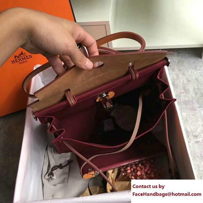 Hermes Canvas And Leather Herbag Zip 31 Bag Burgundy/Khaki - Click Image to Close