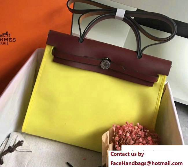 Hermes Canvas And Leather Herbag Zip 31 Bag Lemon Yellow/Burgundy - Click Image to Close
