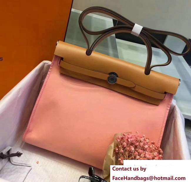 Hermes Canvas And Leather Herbag Zip 31 Bag Lobster Pink/Khaki - Click Image to Close