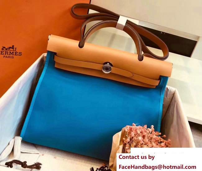 Hermes Canvas And Leather Herbag Zip 31 Bag Macaron Blue/Khaki - Click Image to Close