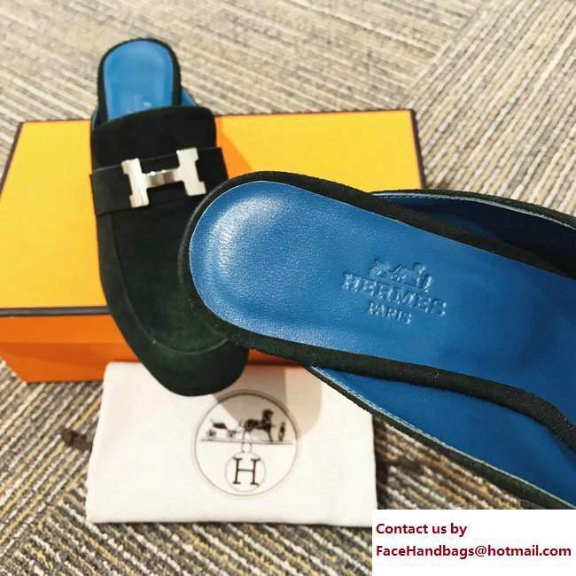 Hermes Heel 5cm H Buckle Paradis Mules Suede Dark Green 2017