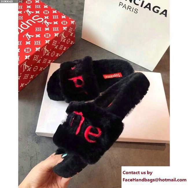 Louis Vuitton x Supreme Shearling Slipper Sandals Black/Red 2017 - Click Image to Close