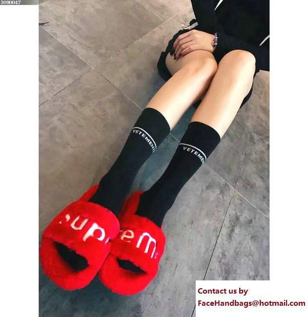Louis Vuitton x Supreme Shearling Slipper Sandals Red 2017 - Click Image to Close