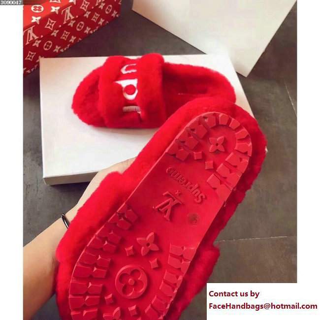Louis Vuitton x Supreme Shearling Slipper Sandals Red 2017 - Click Image to Close
