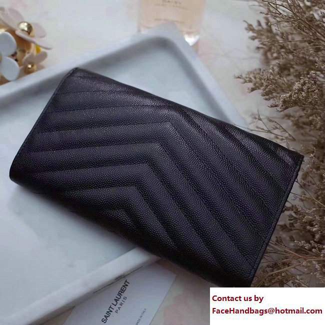 Saint Laurent Grained Leather Large Monogram Flap Wallet 372264 Black with Black Hardware